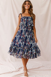 Maeve Shoulder Tie Layered Ruffle Dress Navy