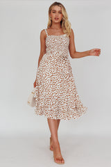 Honey Shirred Frill Midi Dress White/Brown