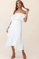 Bettina Bardot Neckline Faux-Wrap Midi Dress White