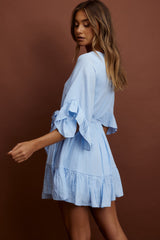 Joni Batwing Sleeve Waist Tie Dress Ruffle Blue