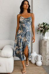 Suki Front Split Midi Dress Tropical Floral Print Navy