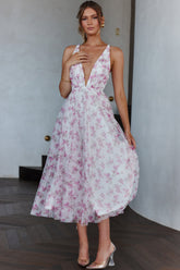 Floating By Plunging Neckline Midi Dress Floral Pink