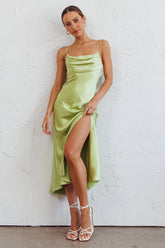 Well Versed Pleated Bust Front Split Dress Satin Lime