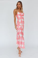 Well Versed Pleated Bust Front Split Dress Flowers Pink