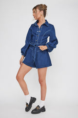 New Day Long Sleeve Button-Up Romper Indigo