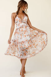 Laney Low Back Cami Strap Midi Dress Hibiscus Print Nude