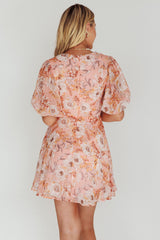 Madison Bow Tie Bust Puff Sleeve Dress Flowers Orange