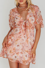Madison Bow Tie Bust Puff Sleeve Dress Flowers Orange