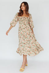 Flynn Balloon Sleeve Shirred Midi Dress Floral Green