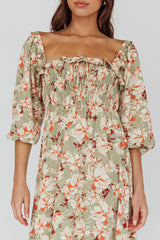 Flynn Balloon Sleeve Shirred Midi Dress Floral Green