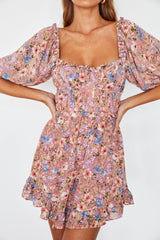 Kirra Puff Sleeve Ruched Bodice Dress Floral Pink