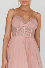 Trophy Lace Bodice Mesh Midi Dress Blush