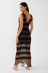 Ximena Tassel Hem Crochet Midi Dress Black/Mocha
