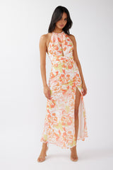 Nirvana Halterneck Split Midi Dress Floral Orange