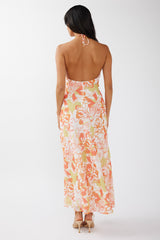 Nirvana Halterneck Split Midi Dress Floral Orange