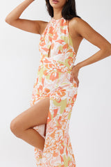 Nirvana Halterneck Split Midi Dress Floral Orange