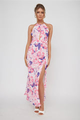 Nirvana Halterneck Split Midi Dress Floral Pink