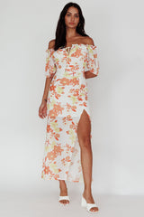 Jalynn Off-Shoulder Split Midi Dress Floral Orange