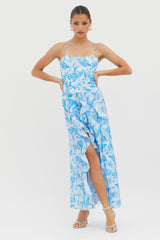 Serif Ruffle Trim Split Maxi Dress Blue