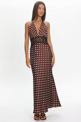 Tarly Lace Waist Halter Maxi Dress Polka Dot Chocolate