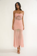Sade Strapless Sheer Panel Ruched Maxi Dress Blush