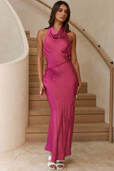 India Cowl Halterneck Satin Maxi Dress Fuchsia