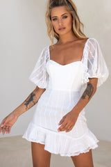 Ring My Bell Sheer Puff Sleeve Embroidery Detail Dress White