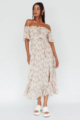 Voyager Off-Shoulder Bell Sleeve Midi Dress Floral Blush