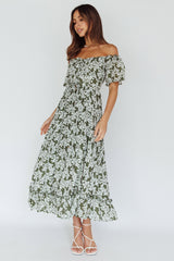 Voyager Off-Shoulder Bell Sleeve Midi Dress Floral Green