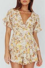 Golden Light Pintuck Pleat Romper Floral Beige