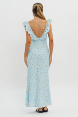 Merci Beaucoup Frill Neckline Maxi Dress Blue