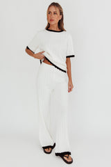 Liloh Contrast Trim Ribbed Knit Pants White