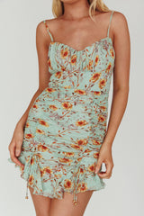 First Light Cami Strap Ruched Dress Floral Mint