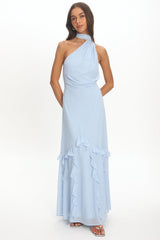 Lorielle One-Shoulder Ruffle Trim Maxi Dress Blue