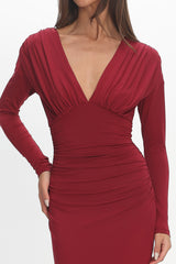 Gilded Long Sleeve Ruched Maxi Dress Wine