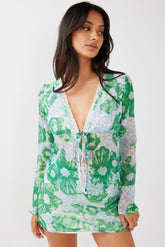 Sincerity Long Sleeve Tie Front Top Print Green