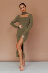 Get Acquainted Cut-Out Bust Midi Dress Olive