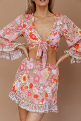 Island Girl Long Sleeve Tied Crop Top Floral Pink
