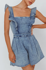 Nola Flared Ruffle Romper Denim