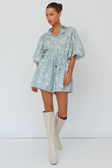 Tiki Puff Sleeve Drawstring Romper Print Sage