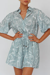 Tiki Puff Sleeve Drawstring Romper Print Sage