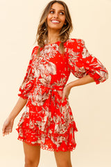 Hali Keyhole Back Circle Trim Dress Tropical Print Red