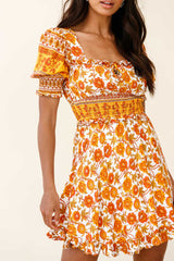 Summer In Paris Puff Sleeve Open Back Dress Floral Print Mustard Multi