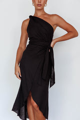 Island Time One-Shoulder Midi Dress Black