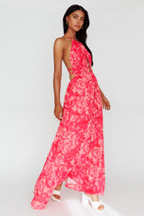 Cyndi Open Back Halterneck Maxi Dress Floral Pink