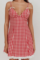 Noelle Lace Trim Mini Dress Gingham Red