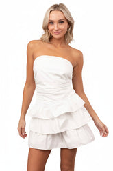 Bat Your Lashes Tiered Strapless Mini Dress (White)
