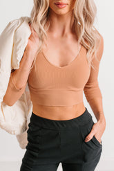 Casual Beauty Ribbed V Neck Crop Top (Mocha Mousse)