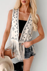 Chute Me Straight Embroidered Fringe Suede Vest (Natural)