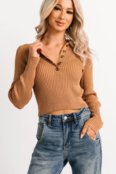 Half Serious Long Sleeve Ribbed Knit Polo Top (Camel)